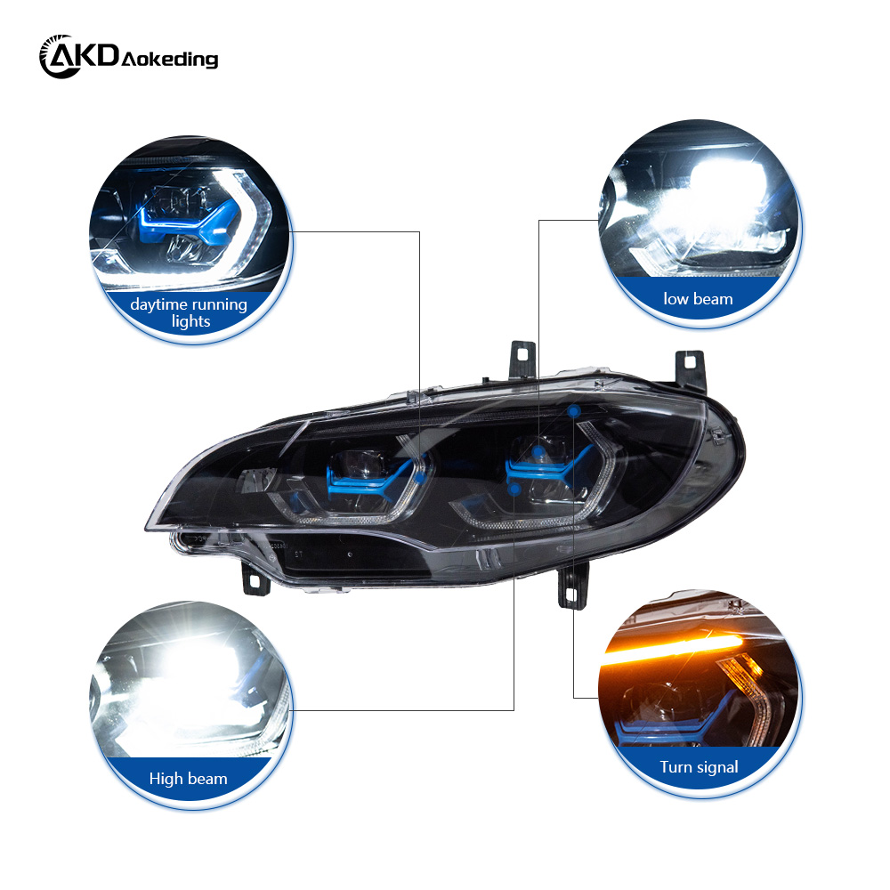 AKD Headlight Assembly Upgrade for 2007-2013 BMW X5 E70 Models: LED Laser Sequential Turn Signals, Daytime Running Lights, And Bi-xenon Projector Lenses.