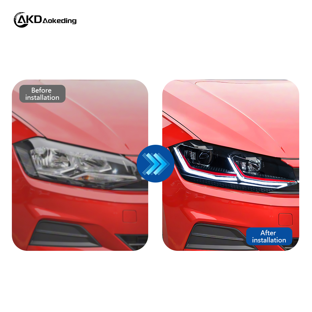 AKD Headlight Assembly Upgrade for 2019-2024 Volkswagen Polo Models: LED Laser Sequential Turn Signals, Daytime Running Lights, Bi-xenon Projector Lenses.