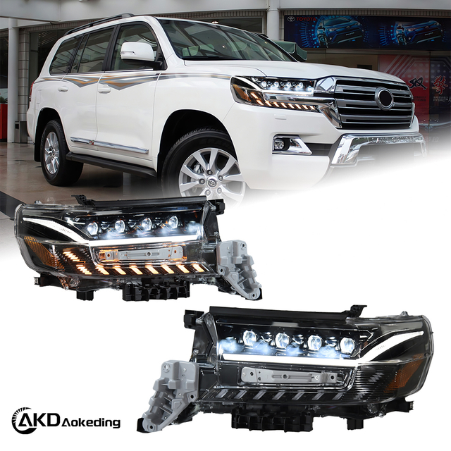 AKD Headlight Assembly Upgrade for 2016-2020 Toyota Land Cruiser Models, Featuring LED Laser Sequential Turn Signals, Daytime Running Lights, And Bi-xenon Projector Lenses.