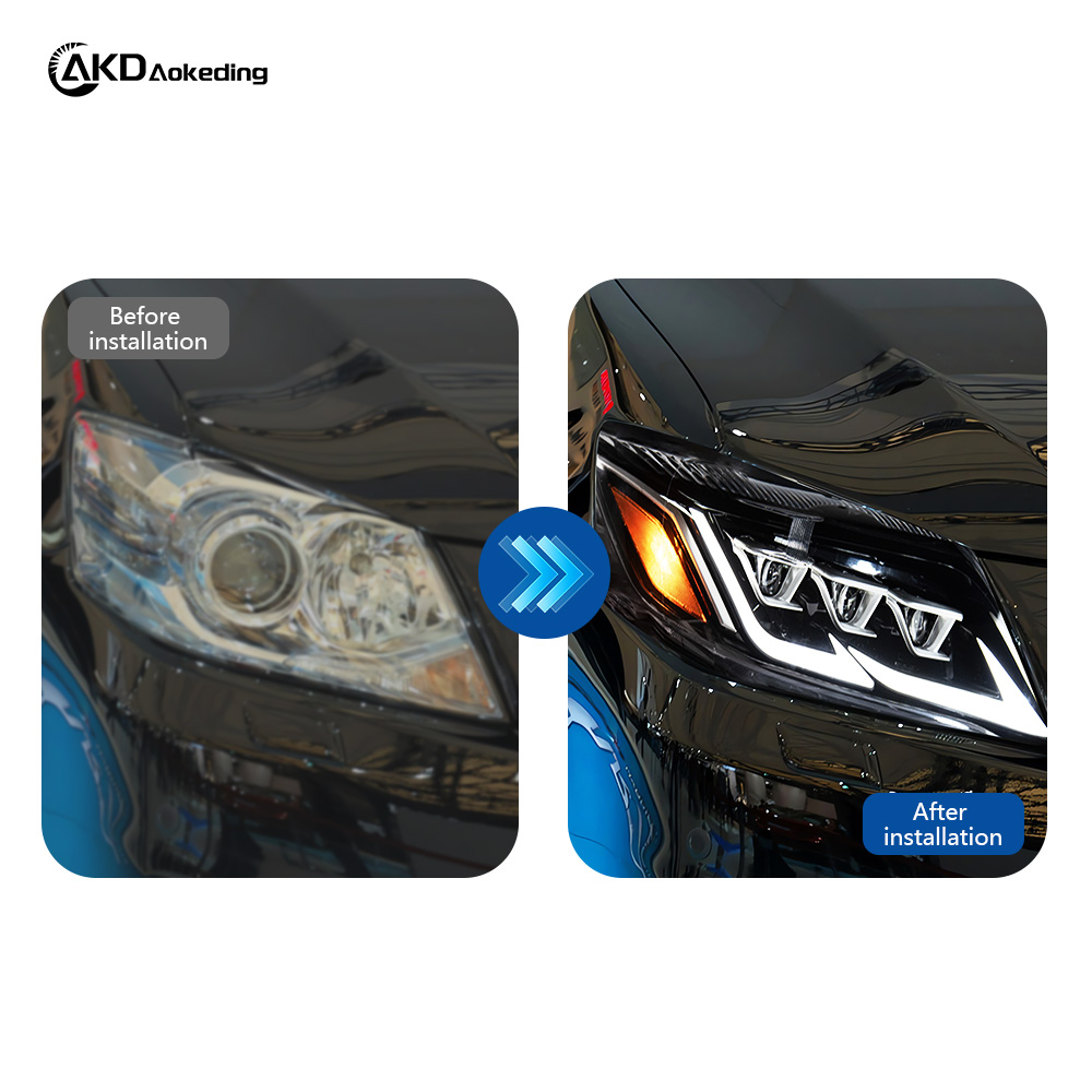 AKD Headlight Assembly Upgrade for 2010-2011 Toyota Camry with LED Laser Sequential Turn Signals, Daytime Running Lights, And Bi-xenon Projector Lenses.