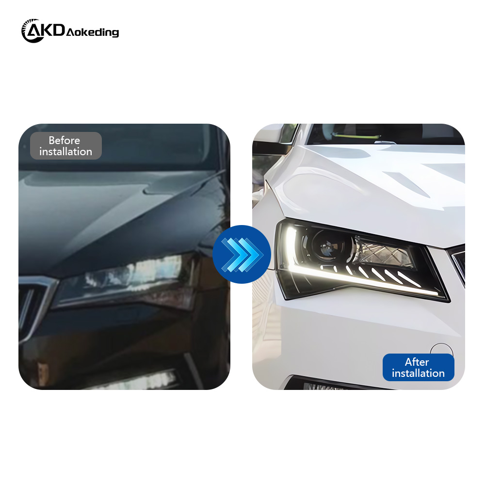 AKD Headlight Assembly Retrofit for 2016-2018 Skoda Models with LED Laser Sequential Turn Signals, Daytime Running Lights, And Bi-xenon Projector Lenses.