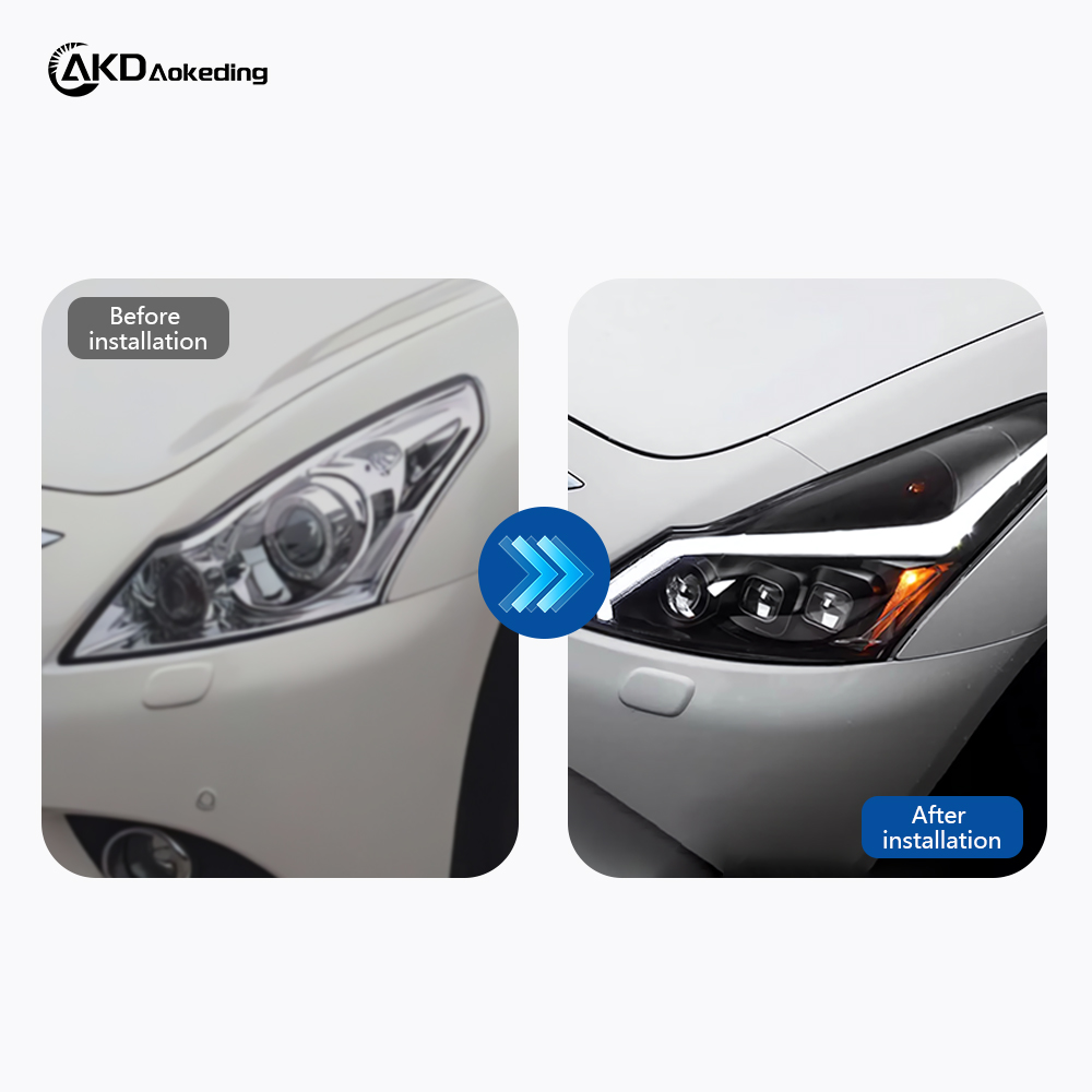 AKD Headlight Assembly Upgrade for 2010-2015 Infiniti G37 And G25 Models, Featuring LED Laser Sequential Turn Signals, Daytime Running Lights, And Bi-xenon Projector Lenses.