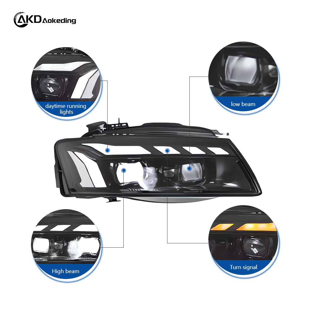 AKD Headlight Assembly Upgrade for 2008-2012 Audi A5 Models: LED Laser Lens, Daytime Running Lights, And Sequential Turn Signals.