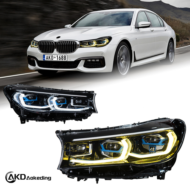 AKD Headlight Assembly Upgrade for 2016-2018 BMW 7 Series G11 And G12 Models, Featuring LED Laser Sequential Turn Signals, Daytime Running Lights, And Bi-xenon Projector Lenses.