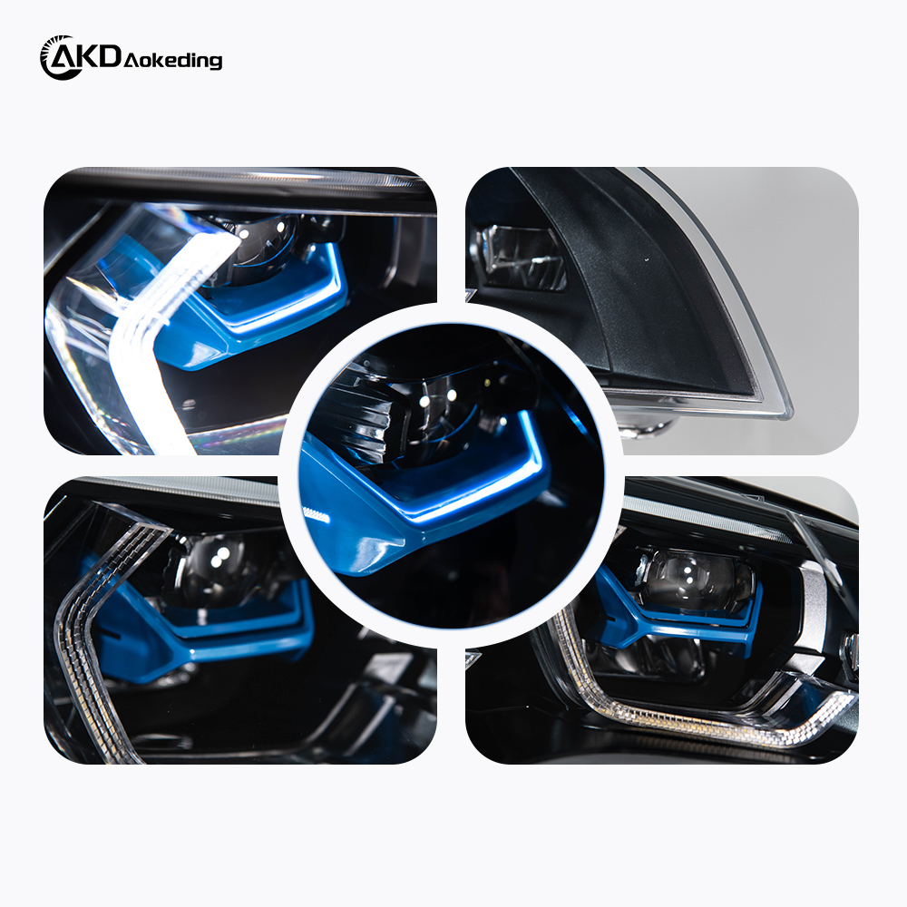 AKD headlight assembly retrofit for 2007-2013 BMW X5 E70, including daytime running lights, LED headlights, and turn signals.