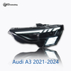 AKD headlight assembly upgrade for 2021-2024 Audi A3 models: LED headlights with sequential turn signals and LED bi-xenon projector lenses.