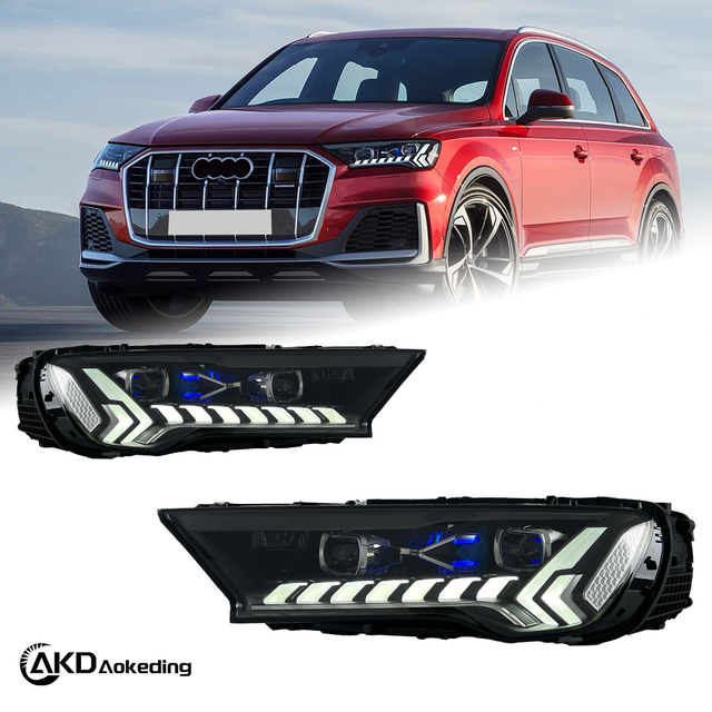 AKD headlight assembly upgrade for 2020-2023 Audi Q7 models: LED headlights with sequential turn signals and LED bi-xenon projector lenses.