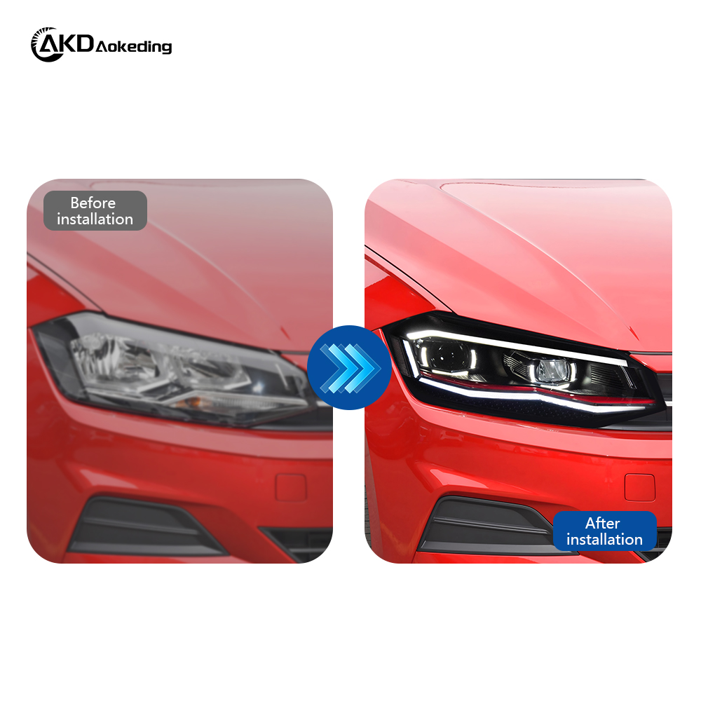 AKD Headlight Assembly Upgrade for 2019-2023 Volkswagen Polo Models, Featuring LED Laser Sequential Turn Signals, Daytime Running Lights, And Bi-xenon Projector Lenses.