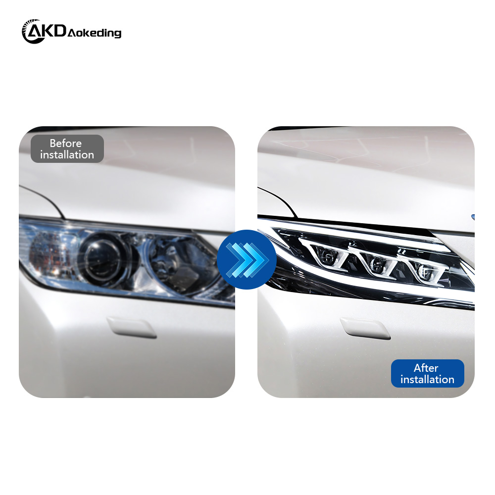 AKD Headlight Assembly Upgrade for 2012-2014 Toyota Camry Models with LED Laser Sequential Turn Signals, Daytime Running Lights, And Bi-xenon Projector Lenses.