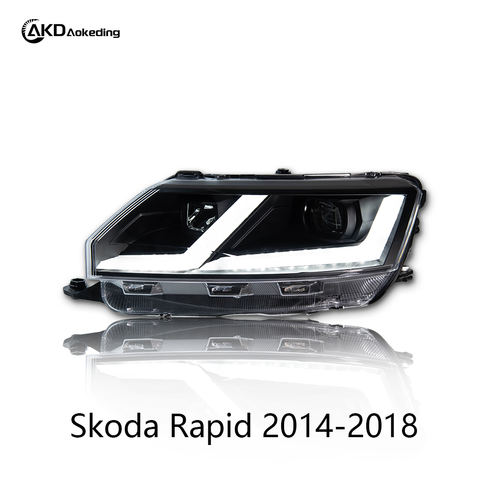 AKD Headlight Assembly Retrofit for 2014-2018 Skoda Rapid with LED Laser Sequential Turn Signals, Daytime Running Lights, And Bi-xenon Projector Lenses.