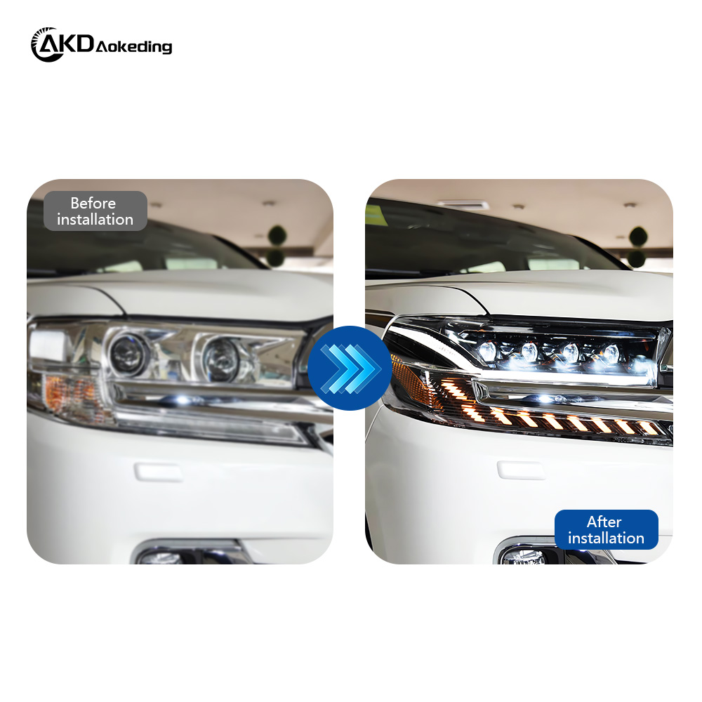 AKD Headlight Assembly Upgrade for 2016-2020 Toyota Land Cruiser Models, Featuring LED Laser Sequential Turn Signals, Daytime Running Lights, And Bi-xenon Projector Lenses.
