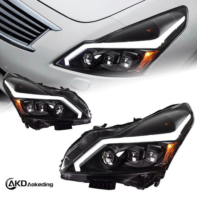 AKD Headlight Assembly Upgrade for 2010-2015 Infiniti G37 And G25 Models, Featuring LED Laser Sequential Turn Signals, Daytime Running Lights, And Bi-xenon Projector Lenses.