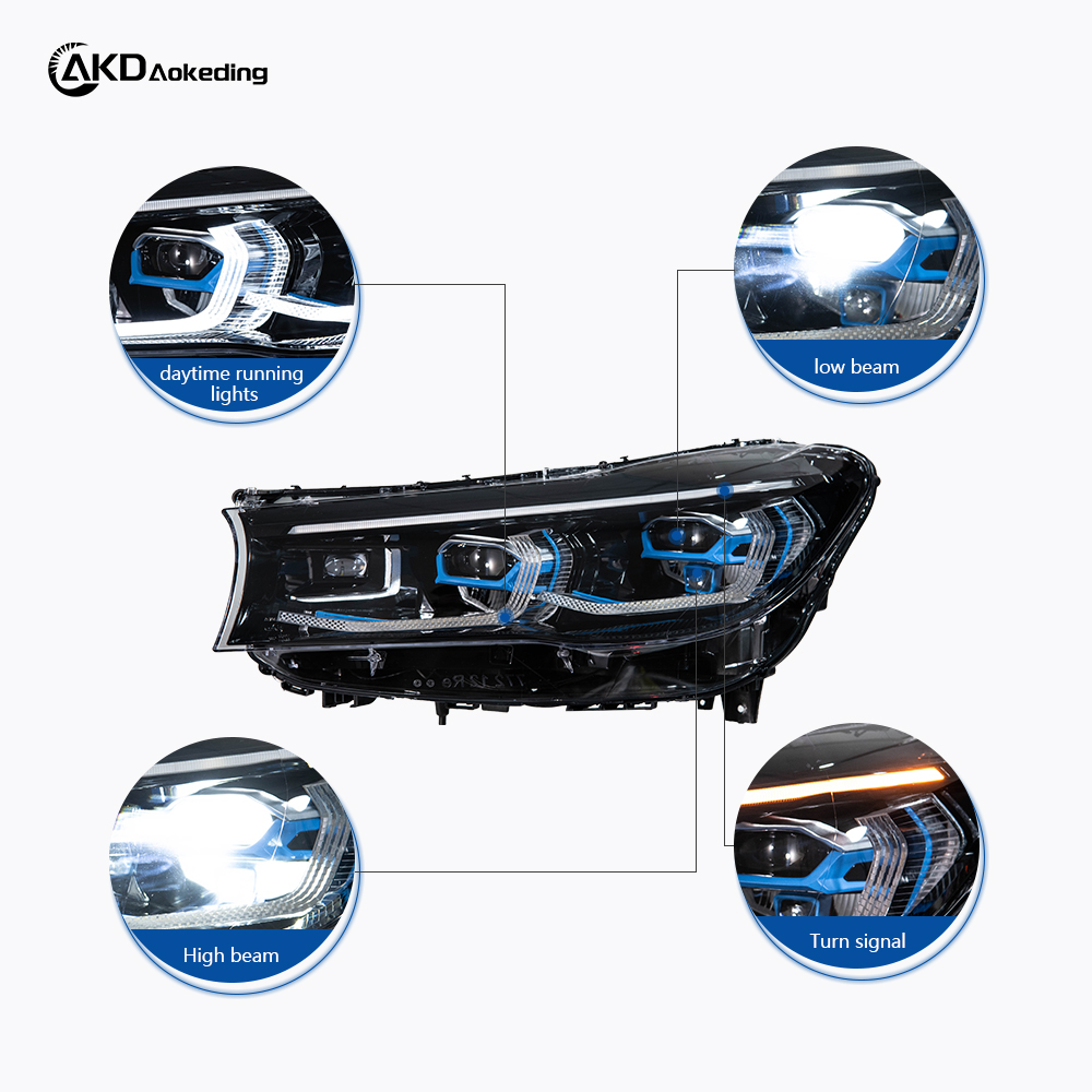 AKD Headlight Assembly Upgrade for 2016-2018 BMW 7 Series G11 And G12 Models, Featuring LED Laser Sequential Turn Signals, Daytime Running Lights, And Bi-xenon Projector Lenses.