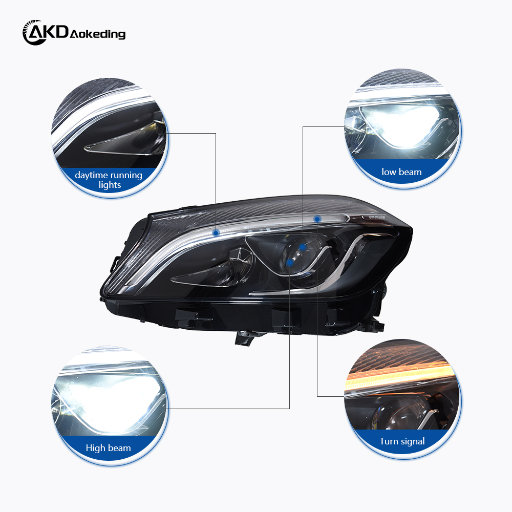 AKD Headlight Assembly Upgrade for 2013-2018 Mercedes-Benz A-Class W176 Models, Featuring LED Laser Sequential Turn Signals, Daytime Running Lights, And Bi-xenon Projector Lenses.