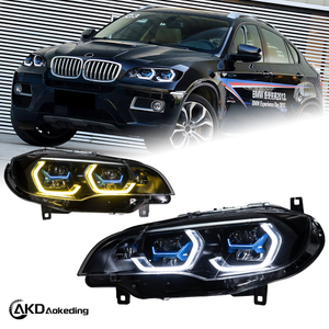 AKD headlight assembly retrofit for 2008-2014 BMW X6 E71 models, including daytime running lights, LED headlights, and turn signals.