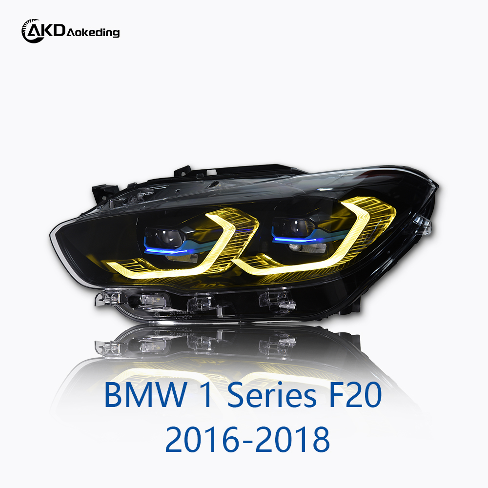 AKD headlight assembly upgrade for 2016-2018 BMW 1 Series F20 models, featuring LED laser sequential turn signals, daytime running lights, and bi-xenon projector lenses.