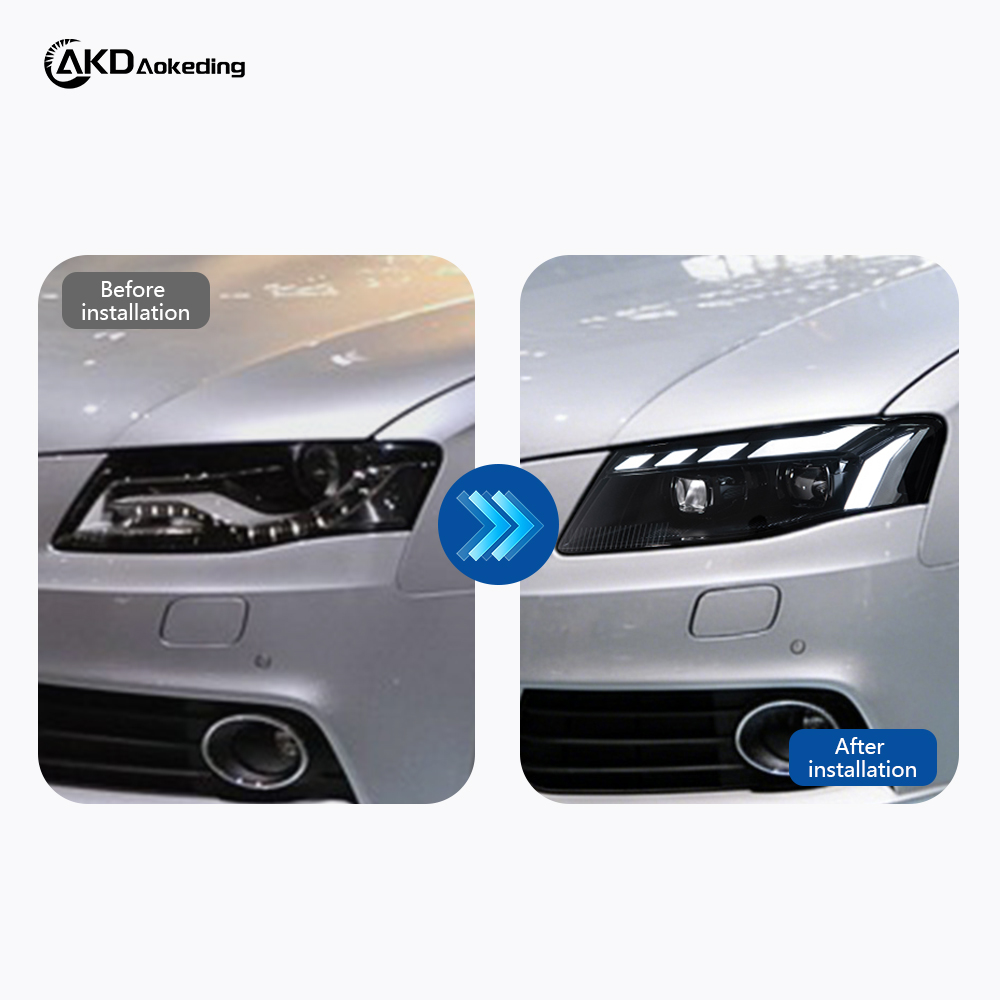 AKD headlight assembly for 2008-2012 Audi A4 models, B8 retrofit RS style LED daytime running lights, dynamic turn signals, and projector headlights.