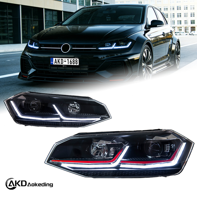AKD Headlight Assembly Upgrade for 2019-2024 Volkswagen Polo Models: LED Laser Sequential Turn Signals, Daytime Running Lights, Bi-xenon Projector Lenses.