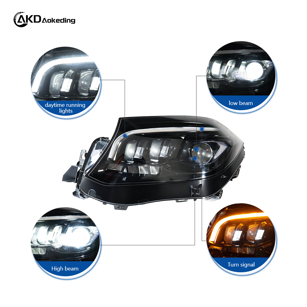 AKD Headlight Assembly Upgrade for 2014-2019 Mercedes-Benz GLS Models: LED Laser Sequential Turn Signals, Daytime Running Lights, And Bi-xenon Projector Lenses.