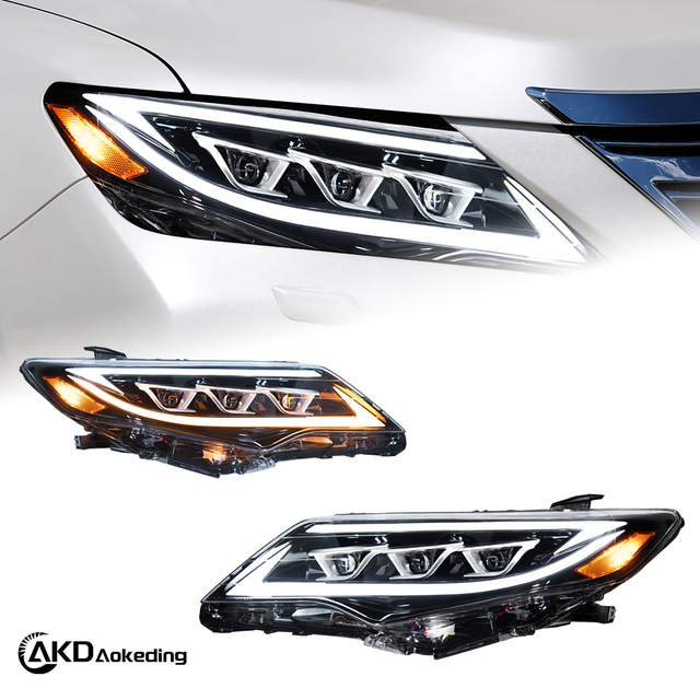 AKD Headlight Assembly Upgrade for 2012-2014 Toyota Camry Models with LED Laser Sequential Turn Signals, Daytime Running Lights, And Bi-xenon Projector Lenses.