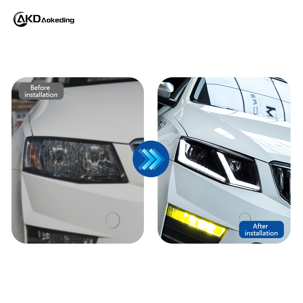 AKD Headlight Assembly Upgrade for 2014-2018 Skoda Octavia Models with LED Laser Sequential Turn Signals, Daytime Running Lights, And Bi-xenon Projector Lenses.