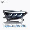 AKD headlight assembly upgrade for 2012-2014 Toyota Highlander models, featuring LED lenses, daytime running lights, and sequential turn signals.