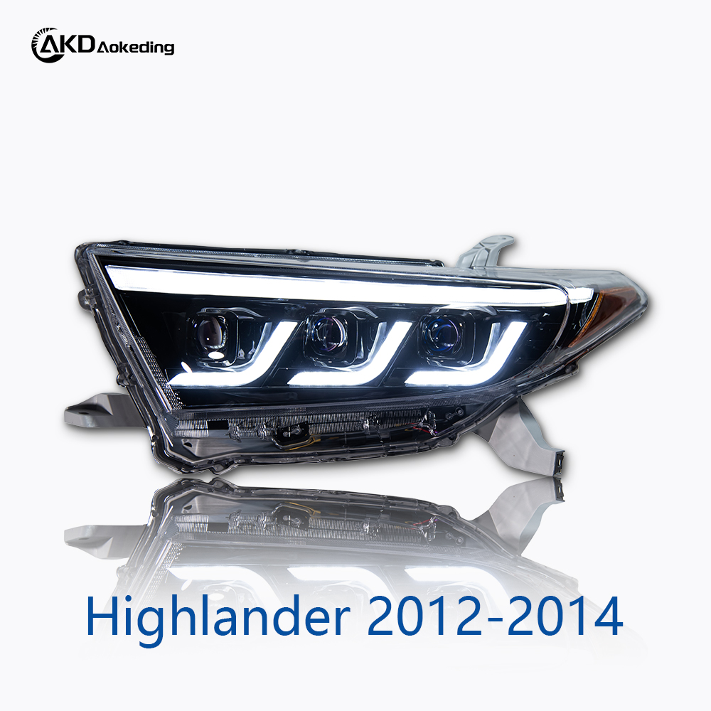 AKD headlight assembly upgrade for 2012-2014 Toyota Highlander models, featuring LED lenses, daytime running lights, and sequential turn signals.