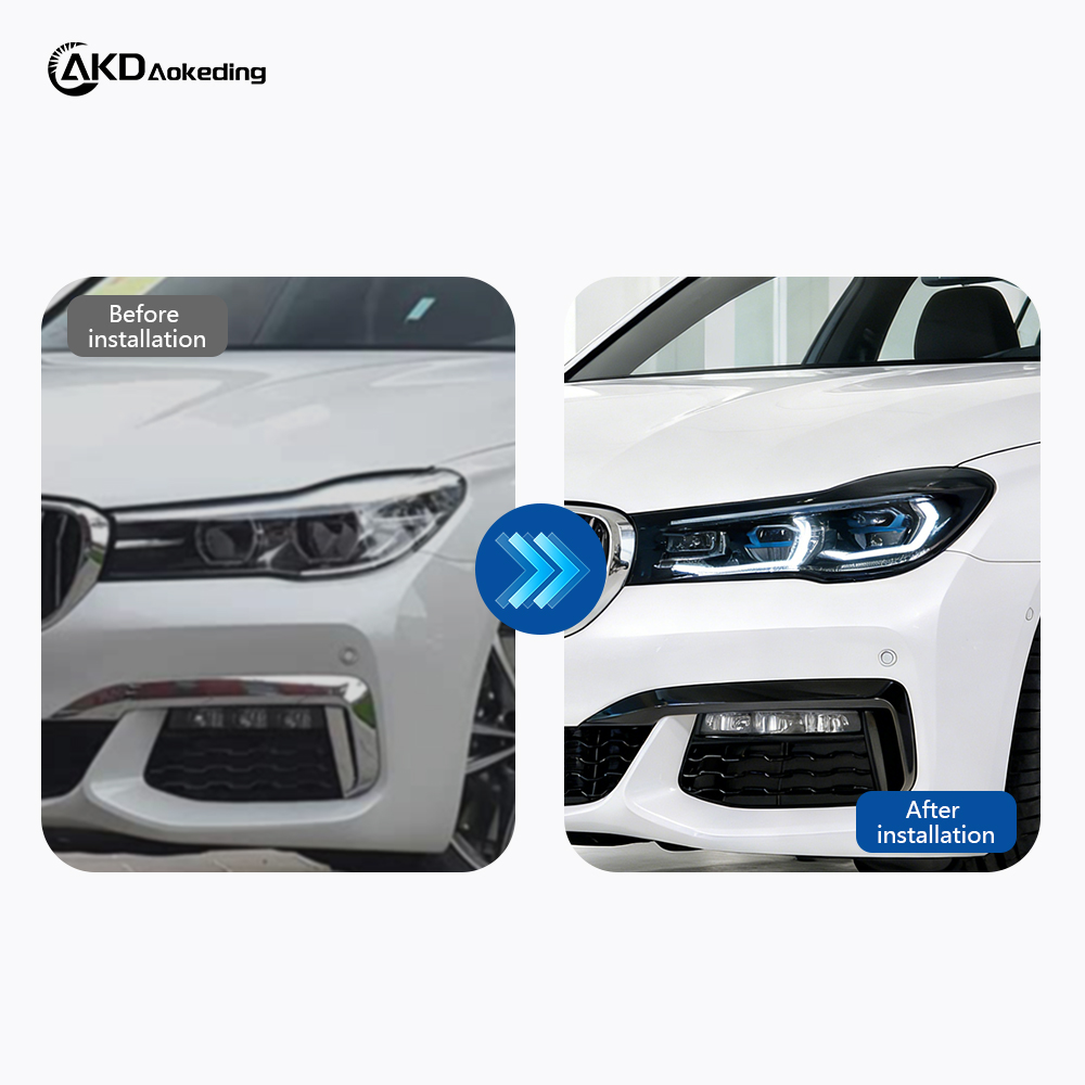 AKD Headlight Assembly Upgrade for 2016-2018 BMW 7 Series G11 And G12 Models, Featuring LED Laser Sequential Turn Signals, Daytime Running Lights, And Bi-xenon Projector Lenses.