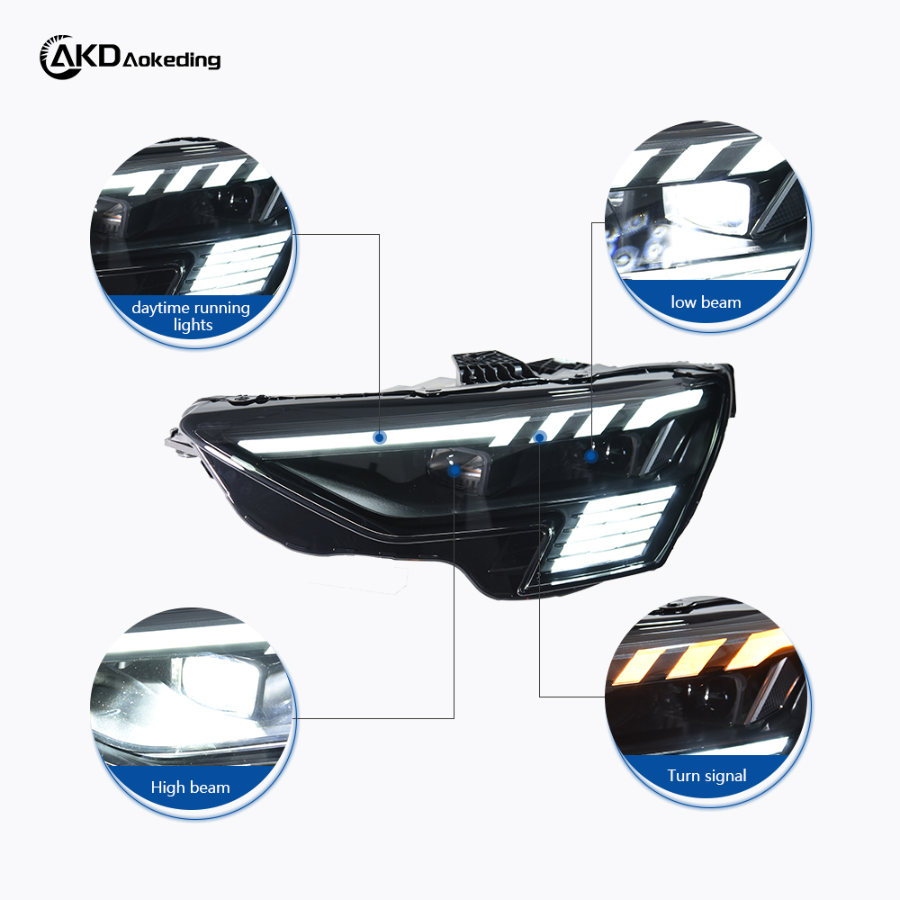 AKD headlight assembly upgrade for 2021-2024 Audi A3 models: LED headlights with sequential turn signals and LED bi-xenon projector lenses.
