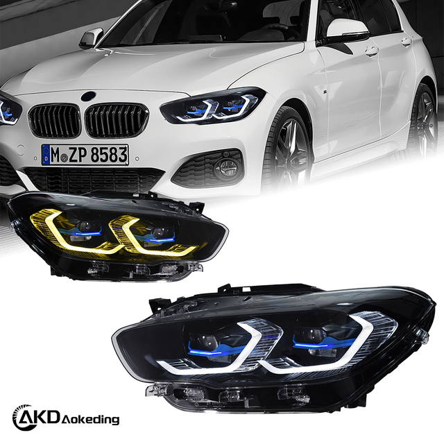 AKD headlight assembly upgrade for 2016-2018 BMW 1 Series F20 models, featuring LED laser sequential turn signals, daytime running lights, and bi-xenon projector lenses.