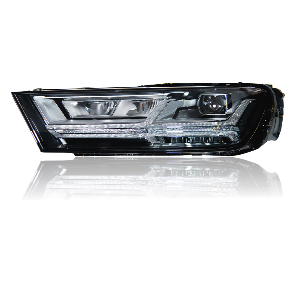 AKD headlight assembly upgrade specifically for 2016-2019 Audi Q7 models: LED laser sequential turn signals, daytime running lights, and bi-xenon projectors.