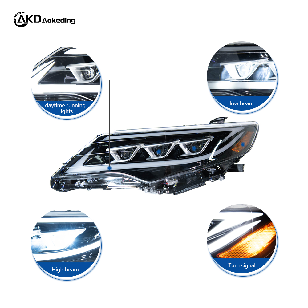 AKD Headlight Assembly Upgrade for 2012-2014 Toyota Camry Models with LED Laser Sequential Turn Signals, Daytime Running Lights, And Bi-xenon Projector Lenses.