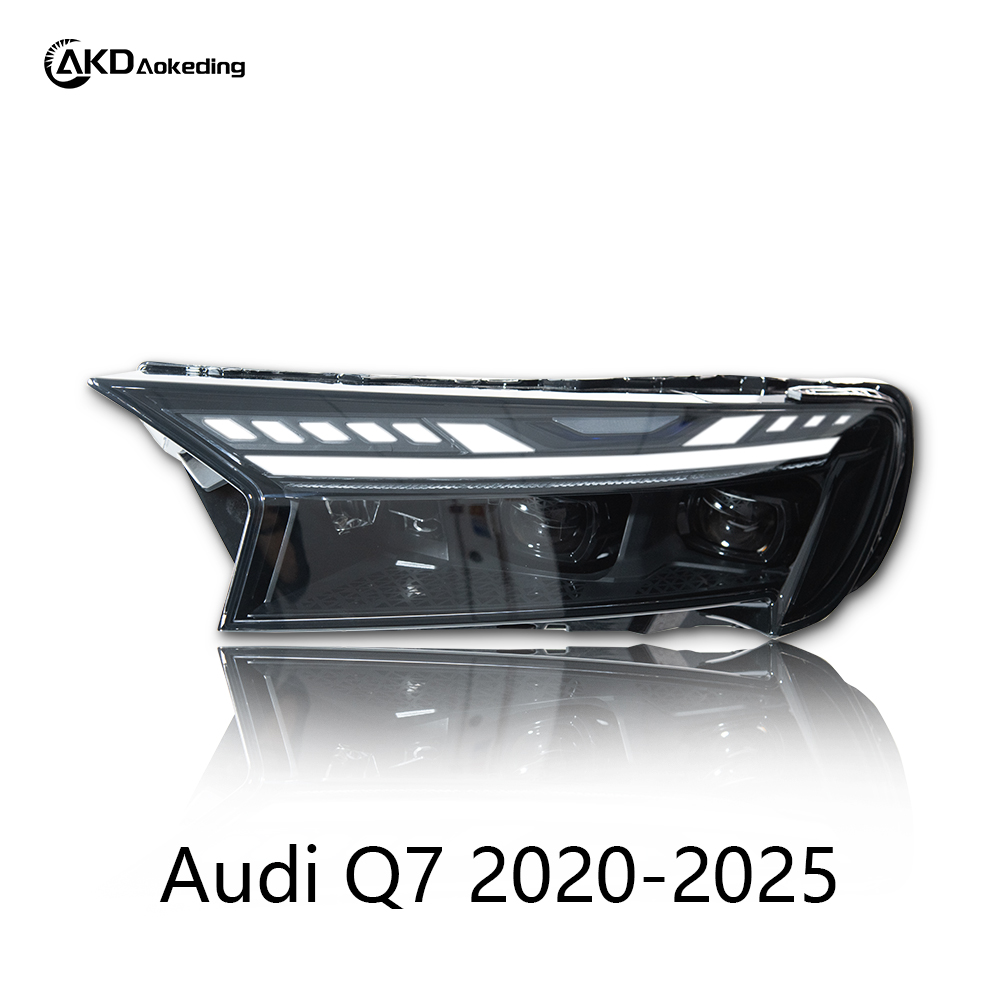 AKD headlight assembly upgrade for 2020-2025 Audi Q7 models: LED laser lens, daytime running lights, and sequential turn signals.