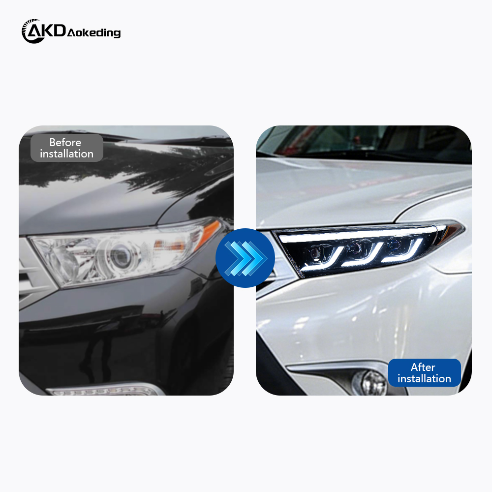 AKD headlight assembly upgrade for 2012-2014 Toyota Highlander models, featuring LED lenses, daytime running lights, and sequential turn signals.