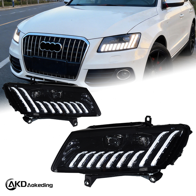 AKD All-LED Headlight Assembly for Audi Q5 Models (2008-2016), featuring running lights, dynamic turn signals, and projector lenses.