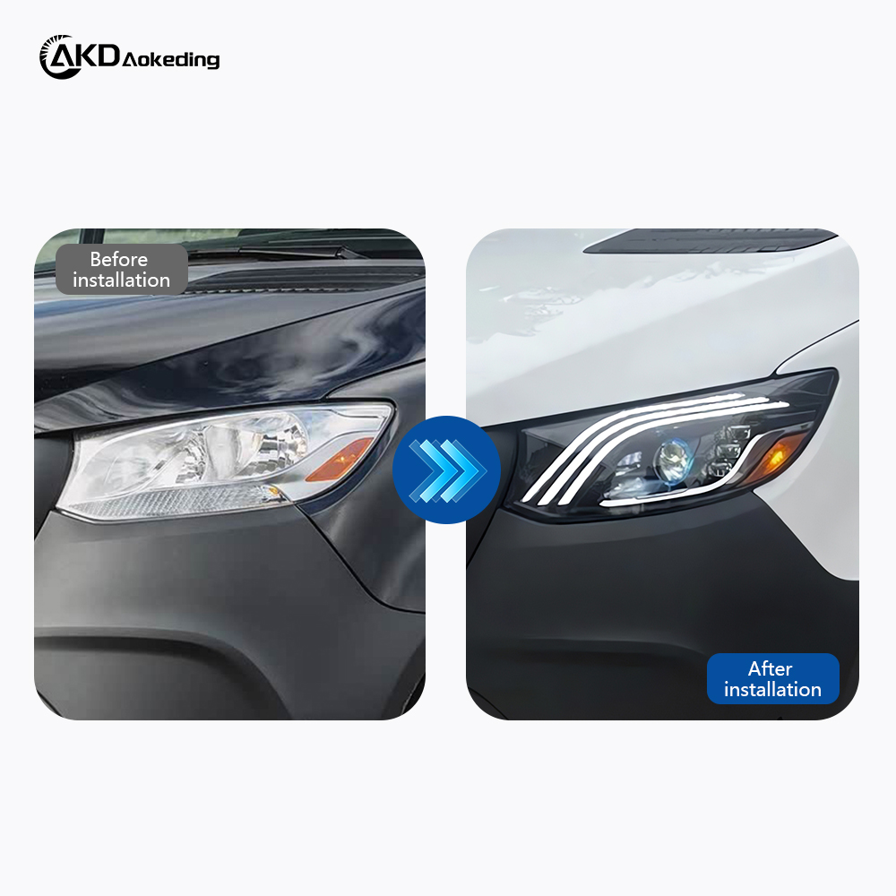 AKD Headlight Assembly Upgrade for 2019-2023 Mercedes-Benz Sprinter Models: LED Laser Sequential Turn Signals, Daytime Running Lights, And Bi-xenon Projector Lenses.
