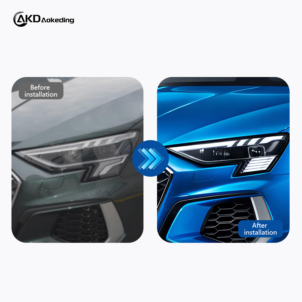 AKD headlight assembly upgrade for 2021-2024 Audi A3 models: LED headlights with sequential turn signals and LED bi-xenon projector lenses.