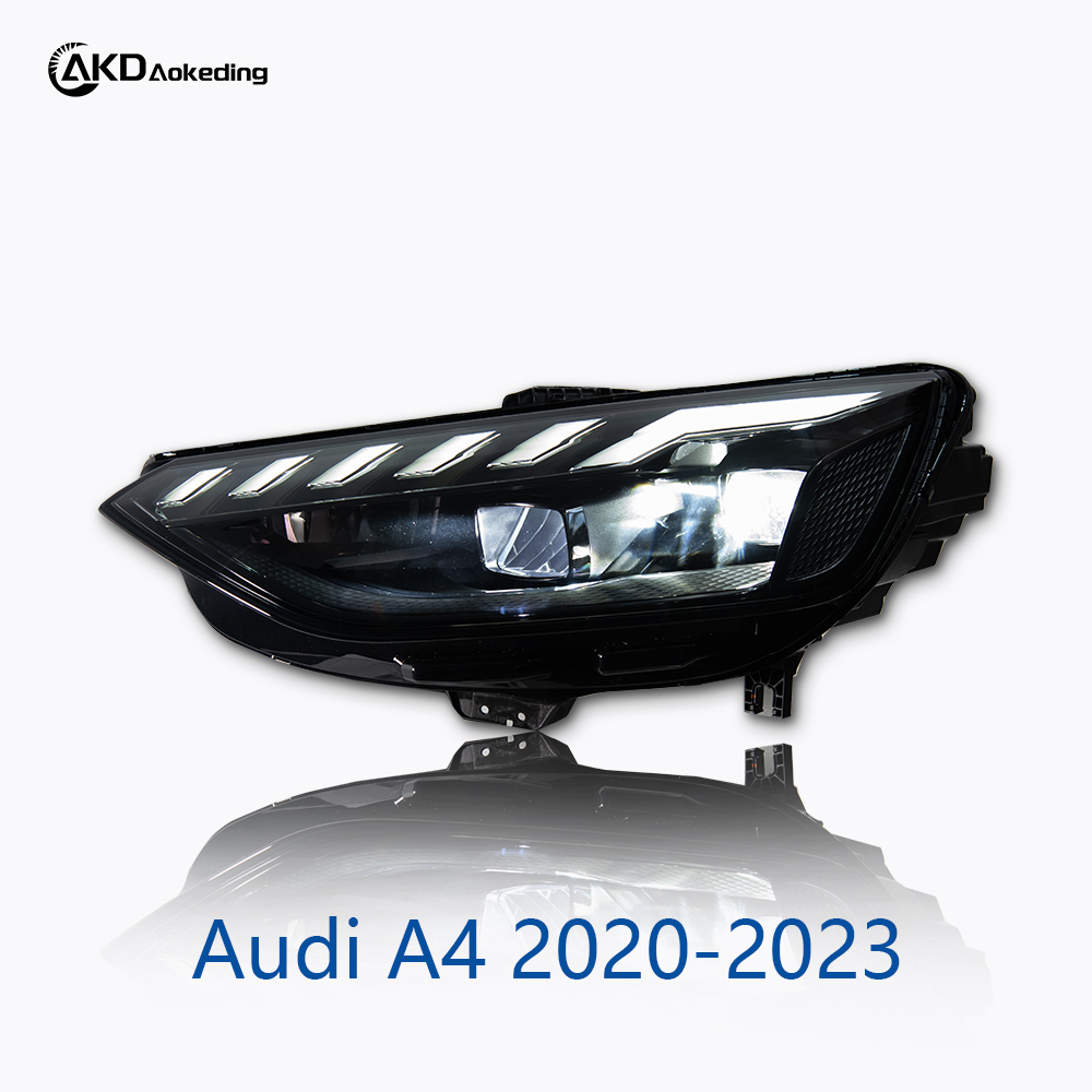 AKD headlight assembly modification for 2020-2023 Audi A4 models, RS4 model with flowing turn signals and LED bi-xenon projector headlights.