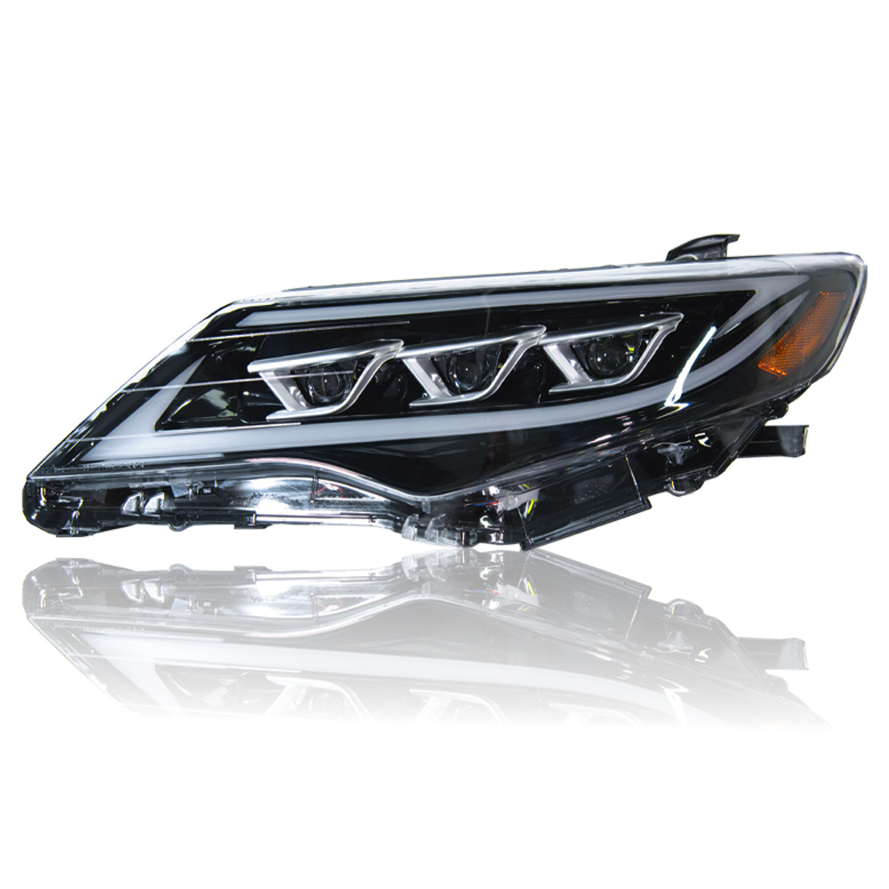 AKD headlight assembly upgrade for 2012-2014 Toyota Camry models, featuring three lenses, LED daytime running lights, and sequential turn signals.