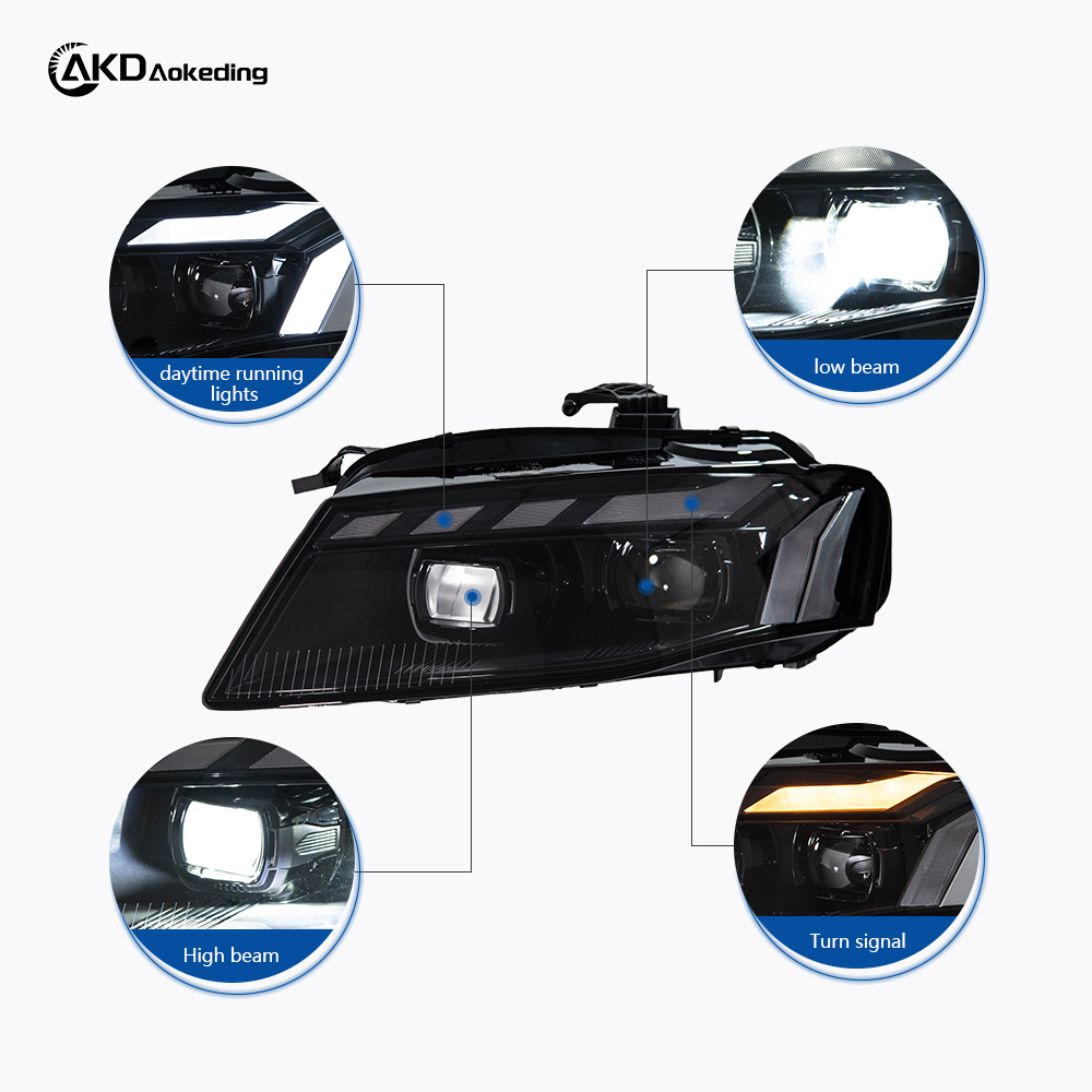 AKD headlight assembly for 2008-2012 Audi A4 models, B8 retrofit RS style LED daytime running lights, dynamic turn signals, and projector headlights.