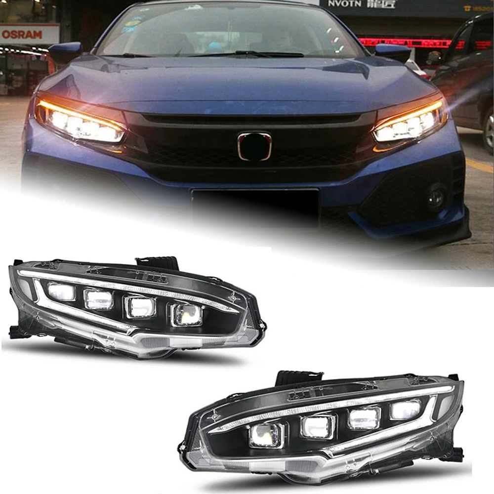 AKD Car Lights for Honda Civic X 2016-2021 LED Auto Headlight Assembly Upgrade Projector 4 Lens LHD RHD Dynamic Signal Lamp Accessories