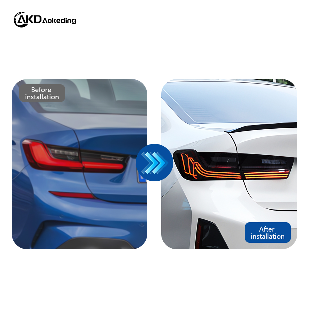 AKD LED Taillight Assembly Retrofit for 2019-2022 BMW 3 Series G20 G28 Models, Featuring Sequential Turn Signals.