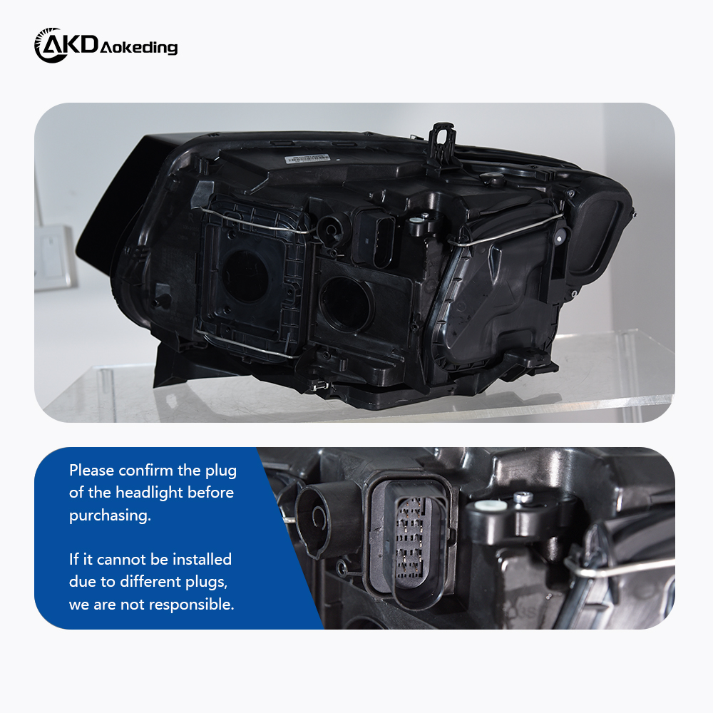 AKD All-LED Headlight Assembly for Audi Q5 Models (2008-2016), featuring running lights, dynamic turn signals, and projector lenses.