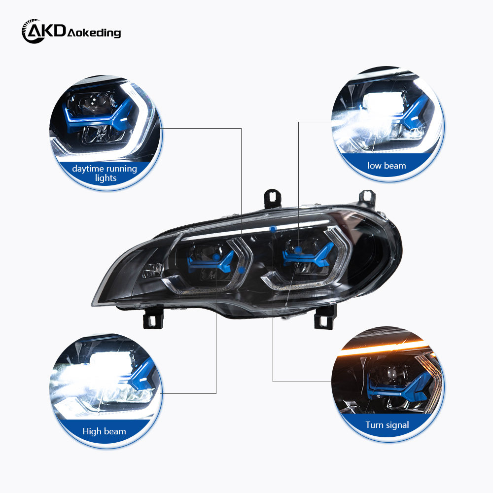 AKD headlight assembly retrofit for 2007-2013 BMW X5 E70, including daytime running lights, LED headlights, and turn signals.