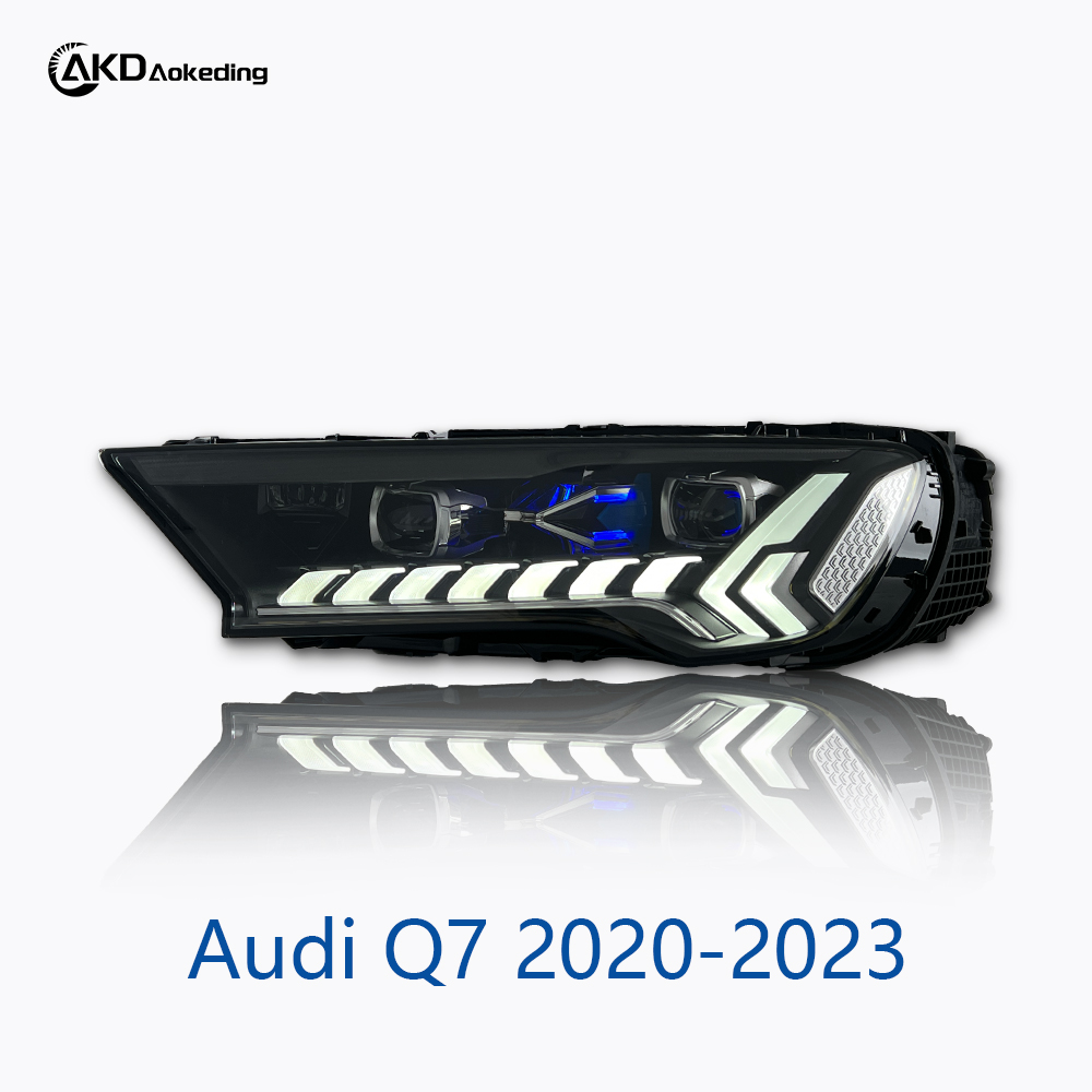AKD headlight assembly upgrade for 2020-2023 Audi Q7 models: LED headlights with sequential turn signals and LED bi-xenon projector lenses.