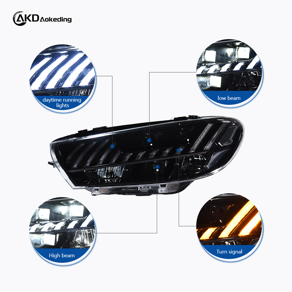 AKD headlight assembly for Volkswagen Scirocco 2009-2017 models, retrofitting with LED daytime running lights and sequential turn signals.