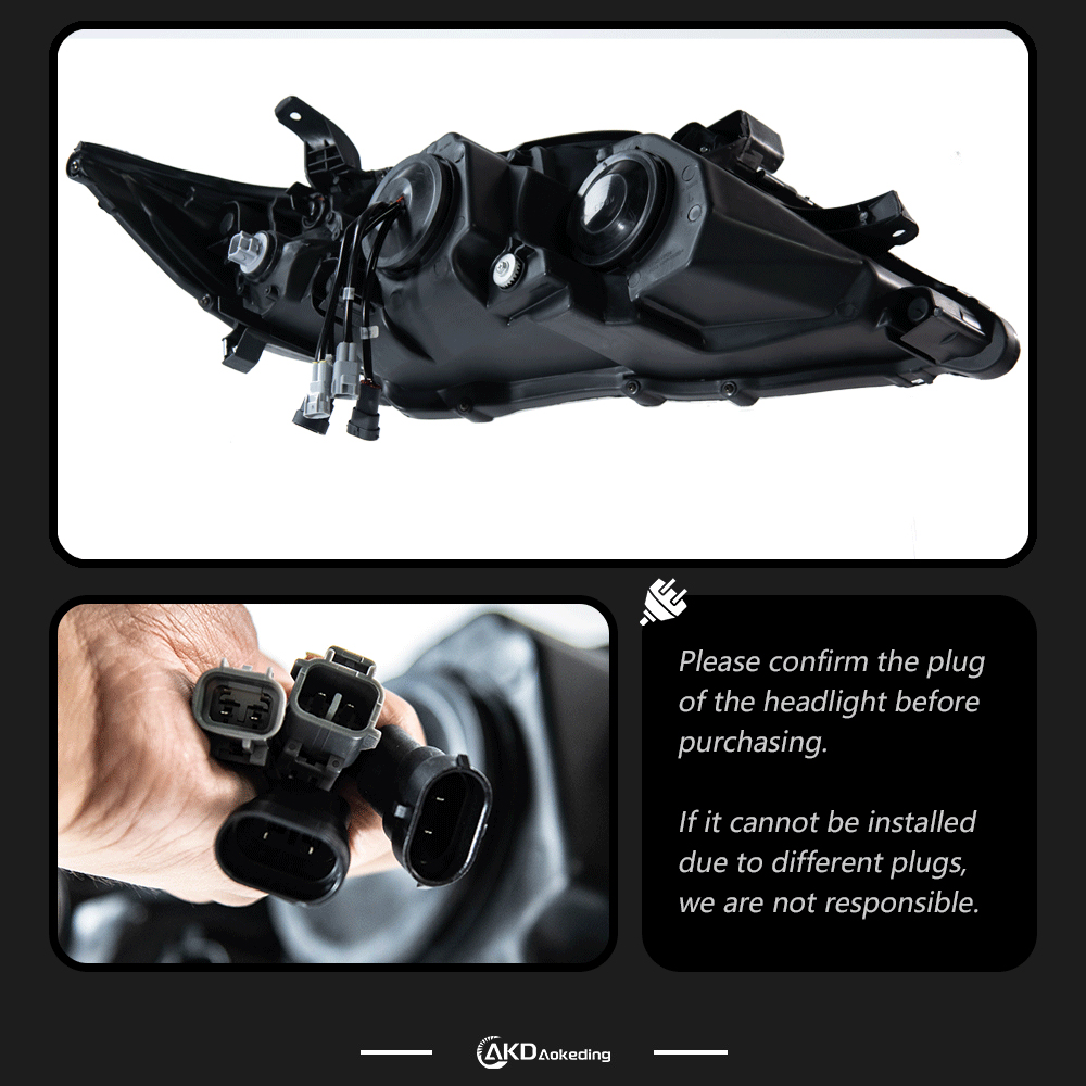 AKD headlight assembly upgrade for 2012-2014 Toyota Camry models, featuring three lenses, LED daytime running lights, and sequential turn signals.