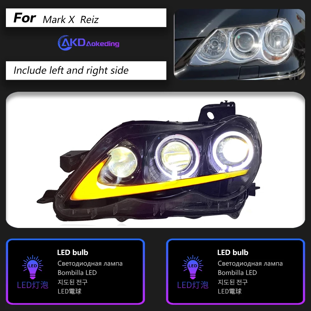 AKD Head Lamp for Toyota Mark X LED Headlight 2004-2009 Headlights Reiz DRL Turn Signal High Beam Angel Eye Projector Lens