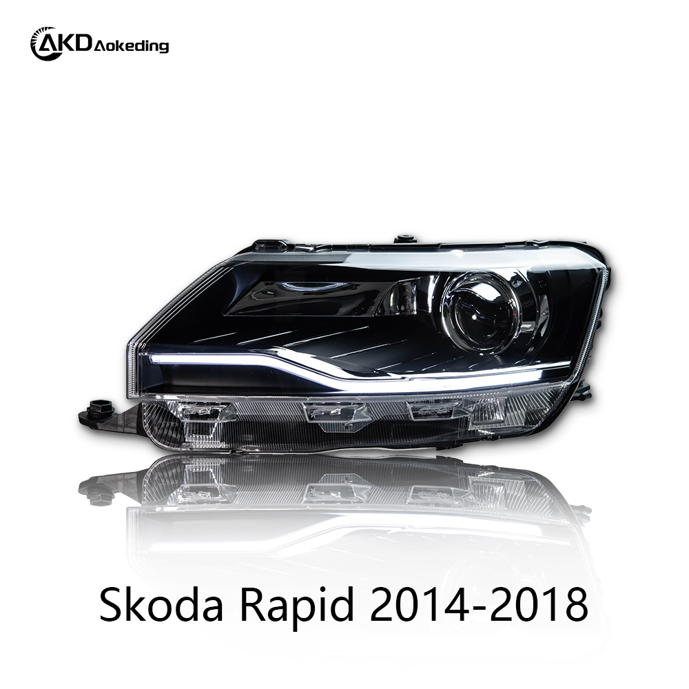 AKD Headlight Assembly Retrofit for 2014-2018 Skoda Rapid with LED Laser Sequential Turn Signals, Daytime Running Lights, And Bi-xenon Projector Lenses.