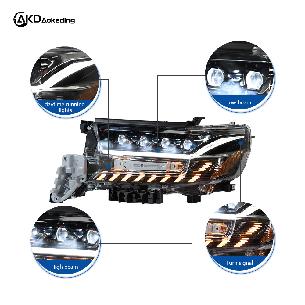 AKD Headlight Assembly Upgrade for 2016-2020 Toyota Land Cruiser Models, Featuring LED Laser Sequential Turn Signals, Daytime Running Lights, And Bi-xenon Projector Lenses.